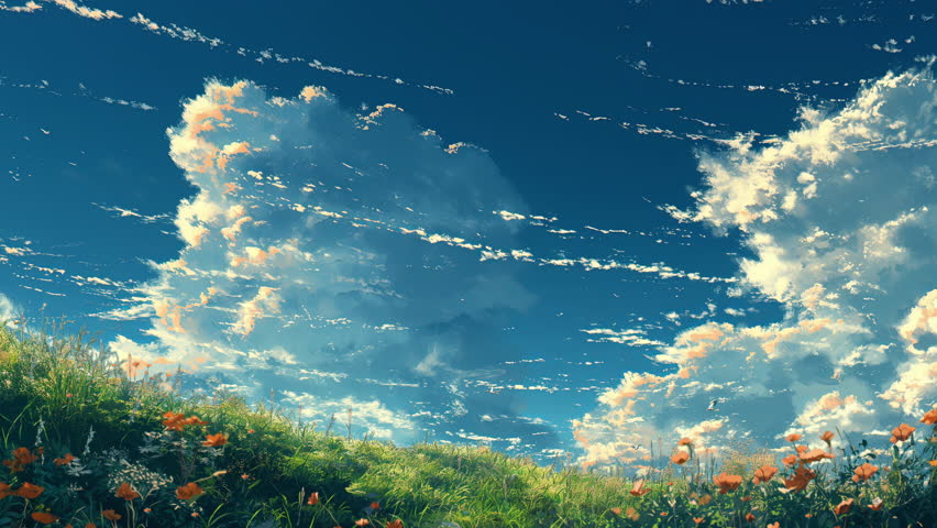 An animated scene featuring a blue sky with clouds and a grassy landscape. Loop