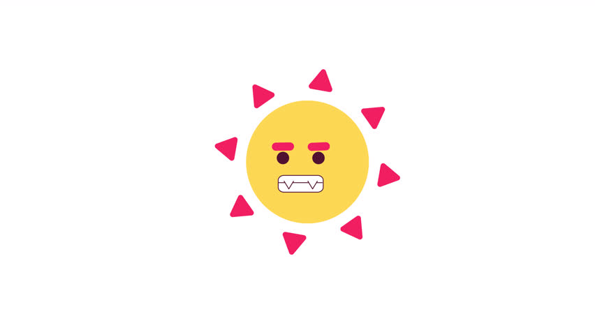 Angry sun radiating ultraviolet 2D object animation. Sunrays danger in summer flat cartoon 4K video, transparent alpha channel. Sunburns risk on sunny day animated element on white background