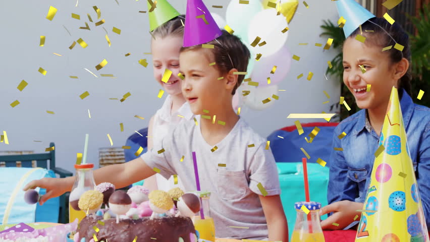 Celebrating birthday party, children smiling with confetti animation. celebration, kids, happiness, joy, fun, festive