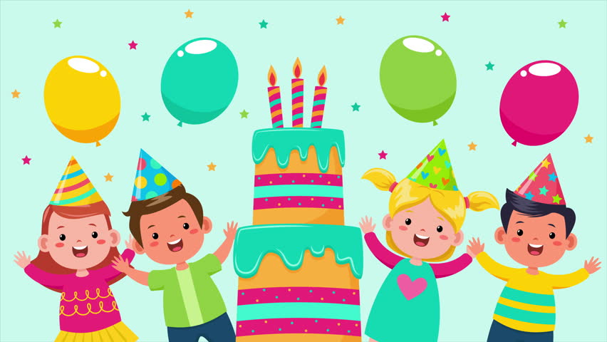 Happy birthday animation design, four children joyfully celebrate with a birthday cake, balloons, and stars. Perfect for party invitations or festive event promotions.