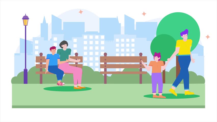 Illustration of a happy family enjoying a sunny day in a city park animated video