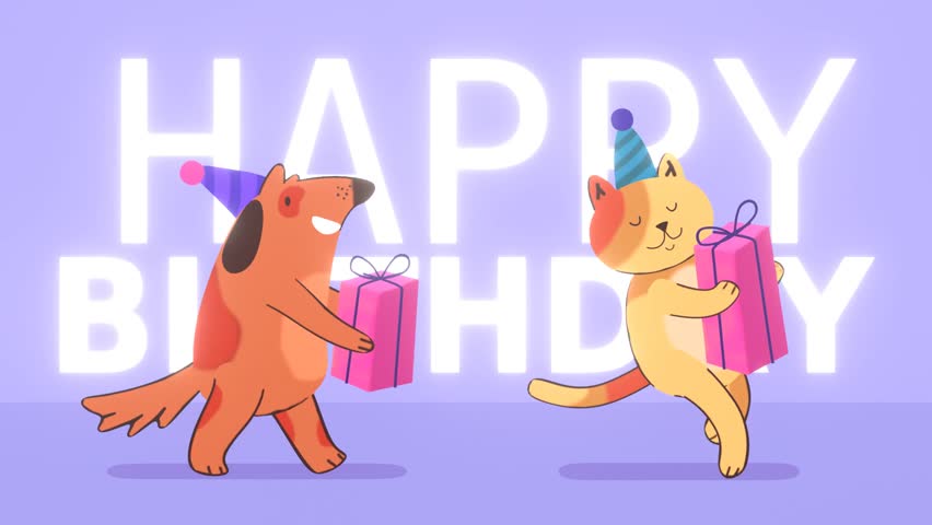 Happy birthday greeting animation, cute cat and dog walking to party with gift boxes