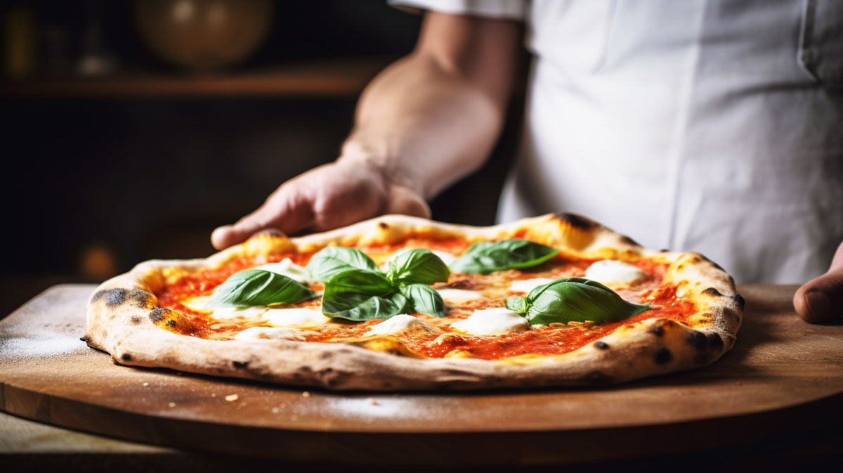 A Margherita pizza on a cutting board with crispy crust.