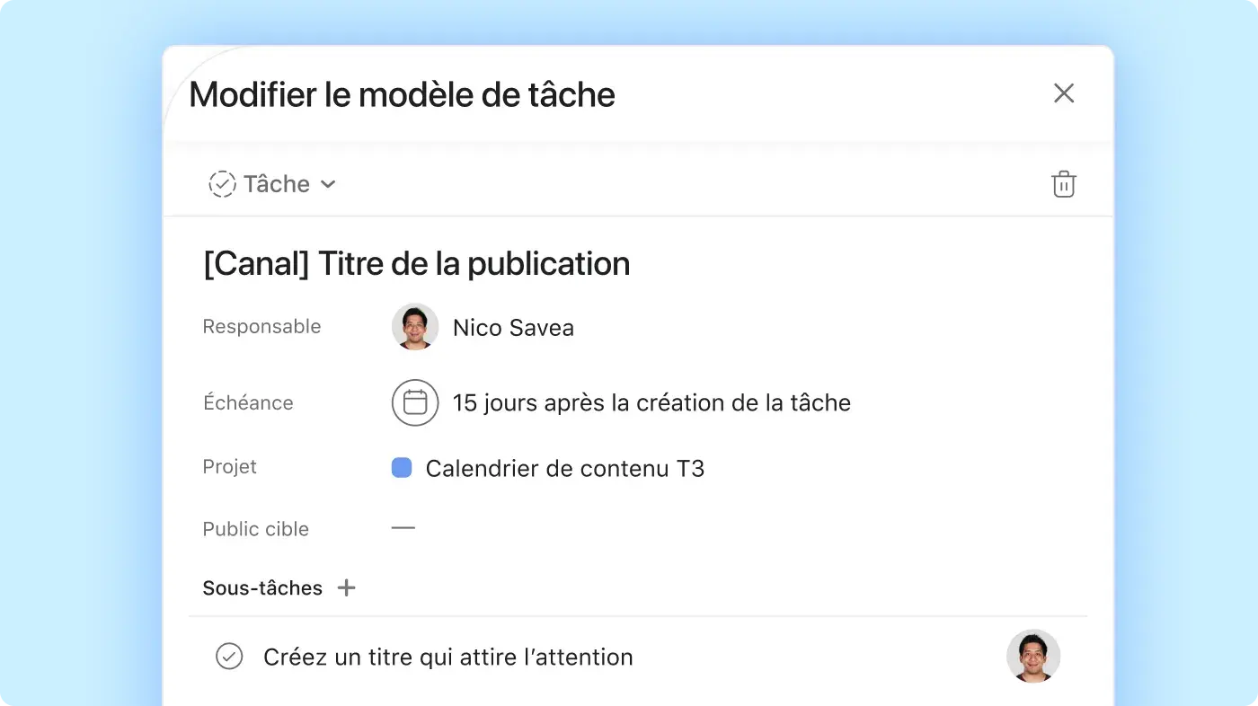 Modifier un modèle de tâche sur Asana - Interface utilisateur produit