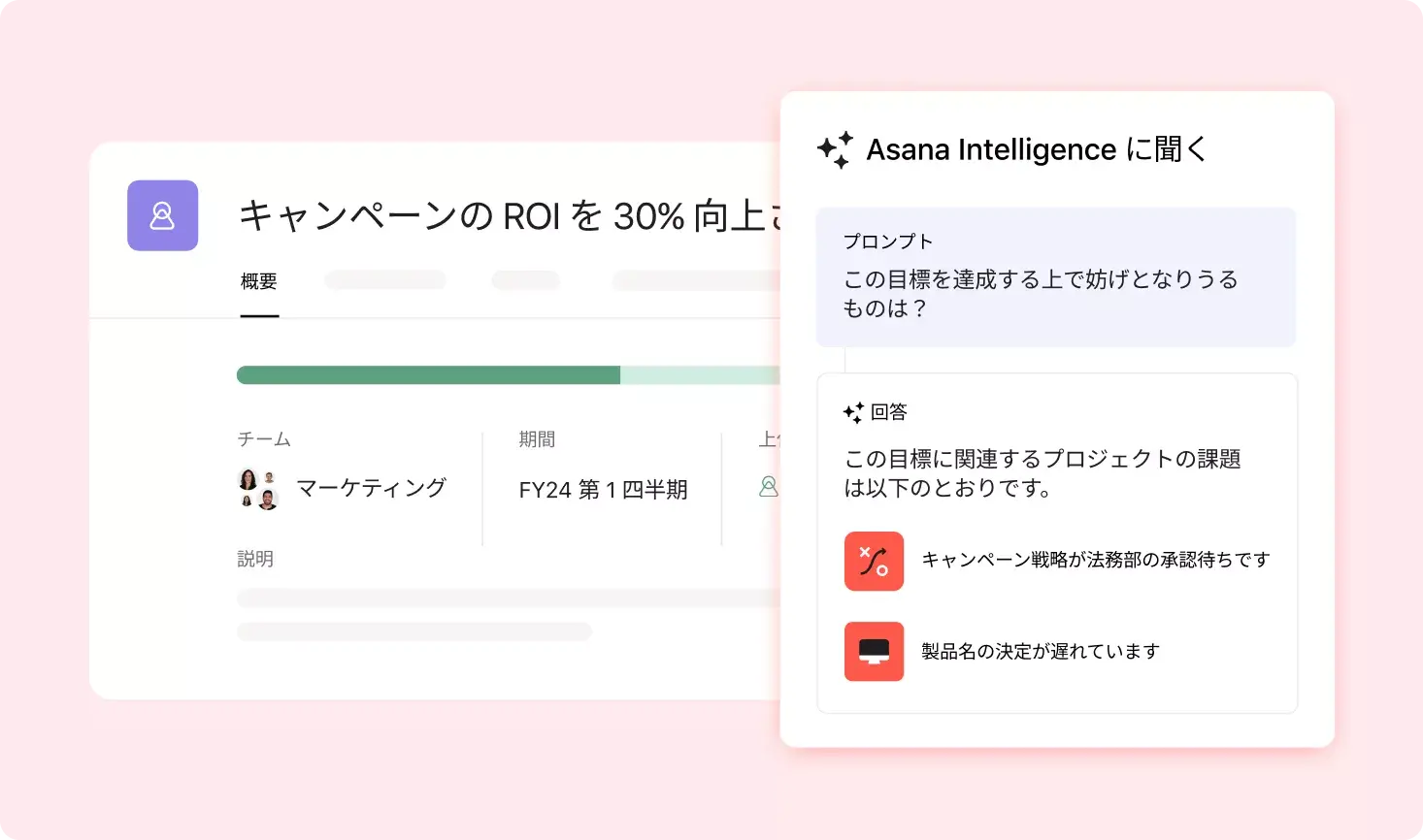 「プロジェクトの目標を達成する上で妨げとなりうるもの」というプロンプトに応える Asana Intelligence を示す Asana の製品 UI