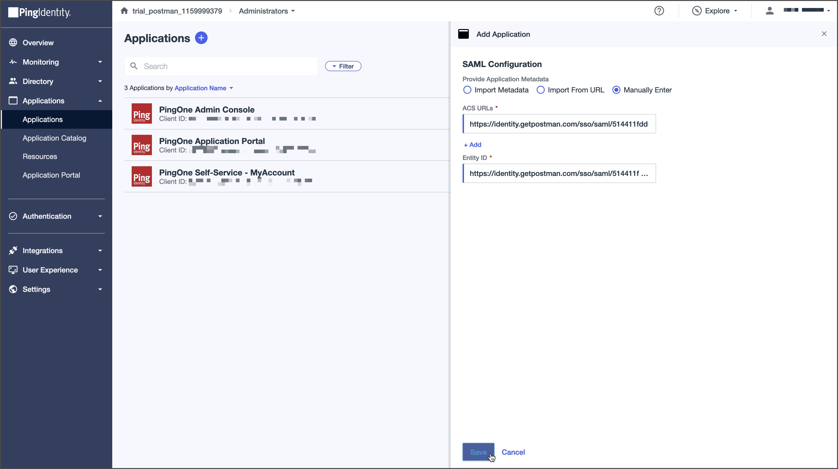 Enter your Postman SAML application info in Ping Identity