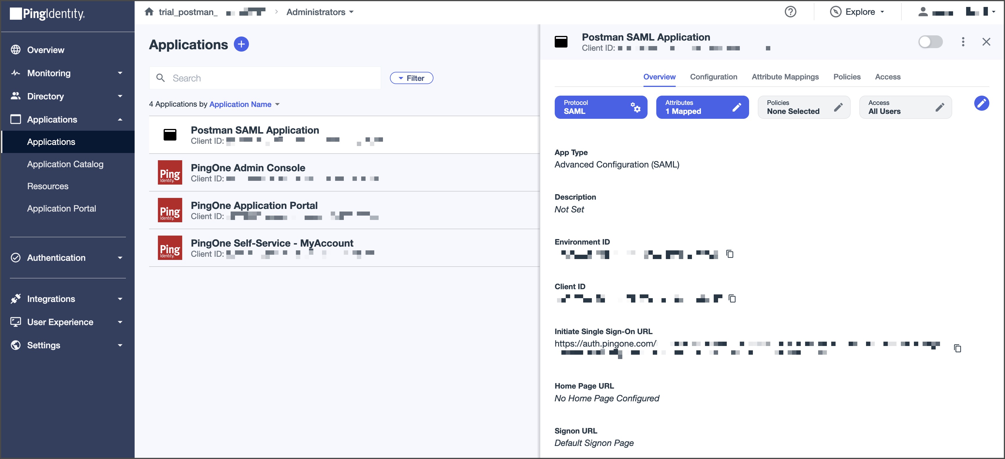 Ping Identity SAML configuration details