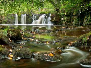 forest, waterfall, river, stones jigsaw puzzle online