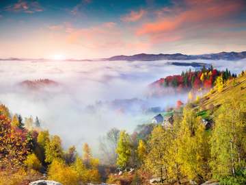 Colorful autumn sunrise in the Carpathian mountains. Sokilsky ridge, Ukraine, Europe. jigsaw puzzle online