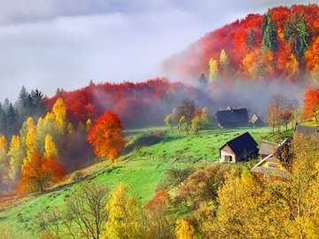 Colorful autumn landscape in the mountain village jigsaw puzzle online