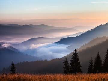 Fog and cloud mountain valley landscape, Ukraine jigsaw puzzle online