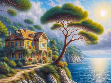 A cozy house on a cliff under a pine tree online puzzle