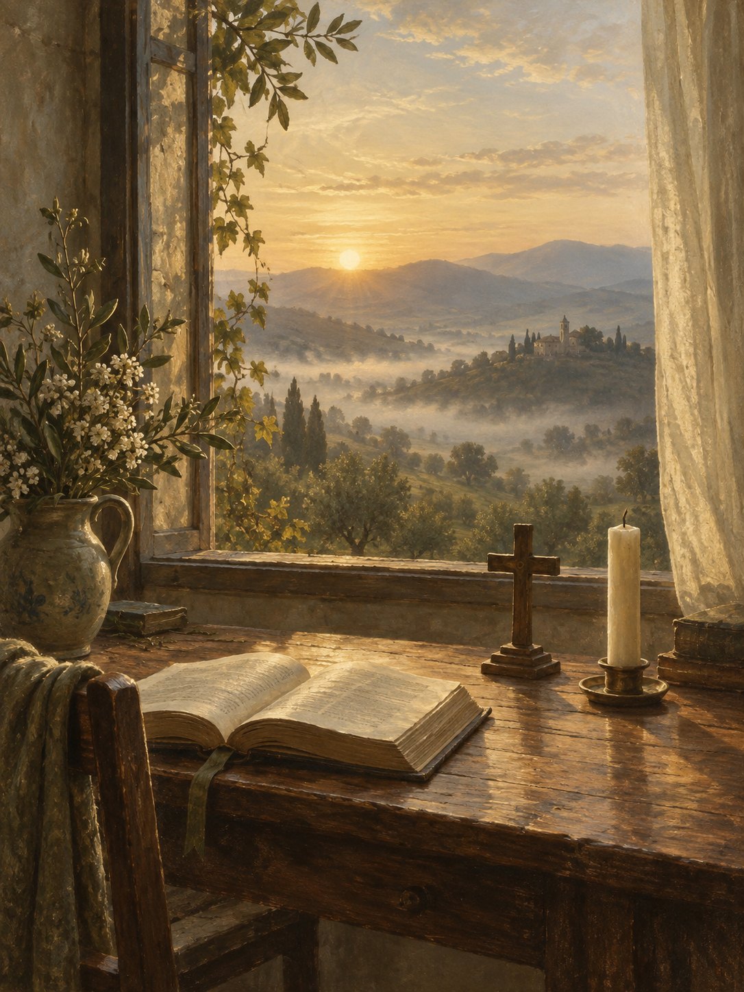 Cover of Morning Quiet, Book 1: a painted morning scene with an open book, a wooden cross and a candle on a table by an open window
