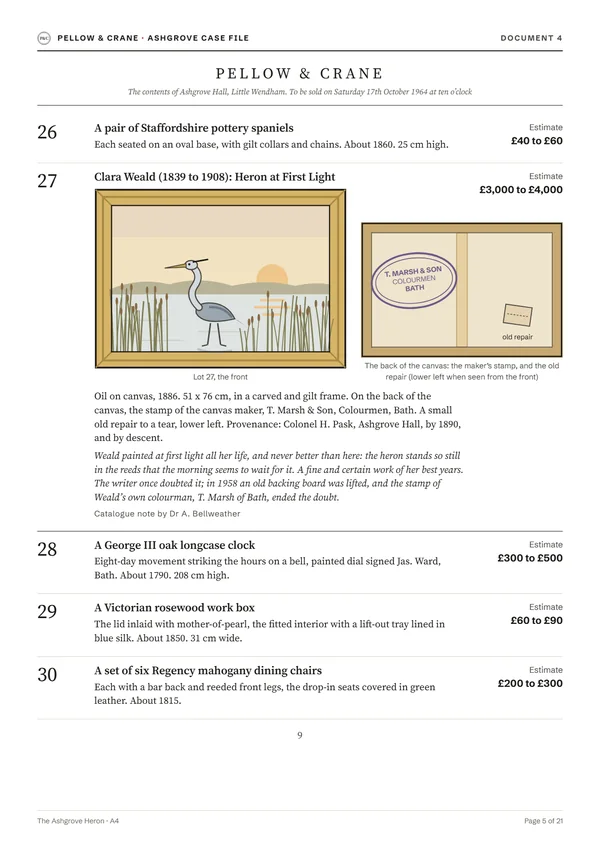 A real page from the case file: the auction catalogue page with Lot 27, Heron at First Light