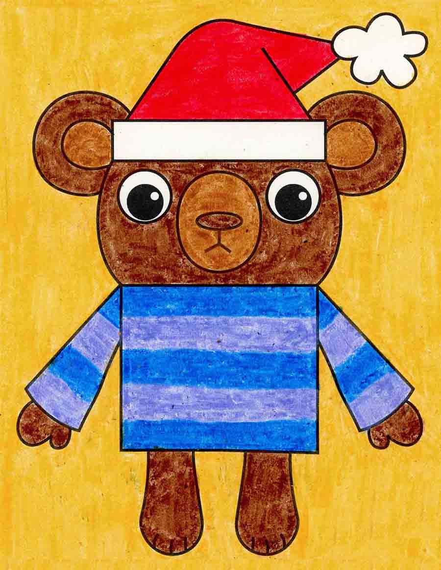 Easy How to Draw a Christmas Teddy Bear Tutorial and Christmas Teddy Bear Coloring Page