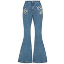 Hell Bunny Flower Power Retro 1970s Daisy Denim Bell Bottom Jeans