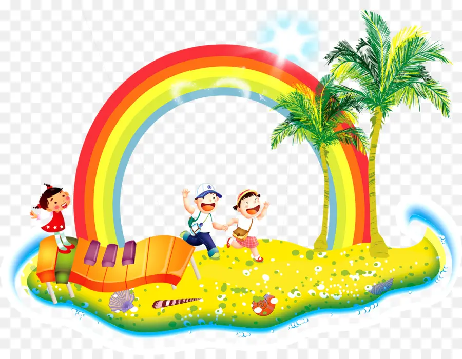 Kinder spielen unter einem Regenbogen