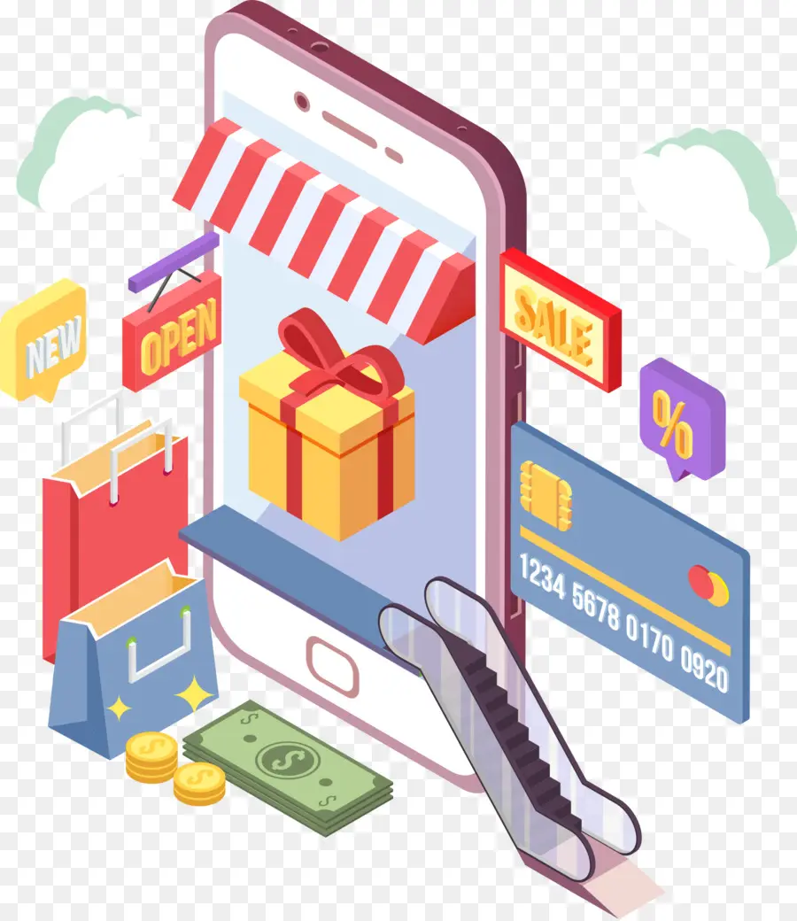 Illustration des Online-Shoppings mit Smartphone und Einkaufstaschen