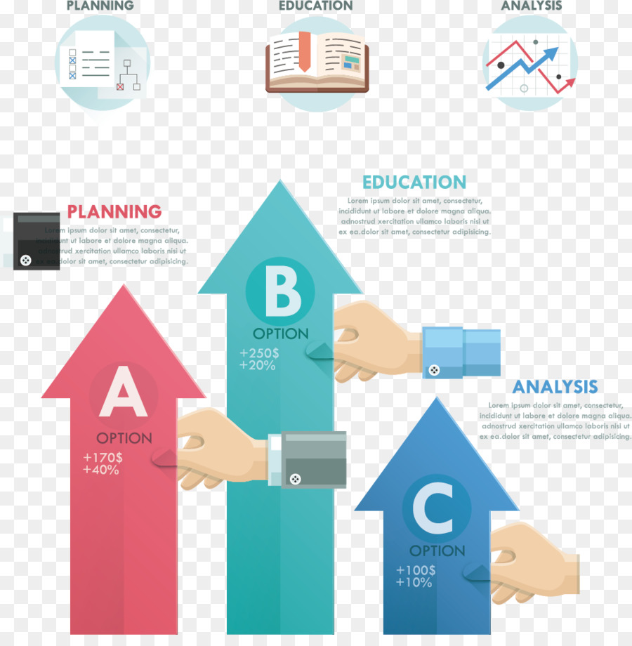 Planungsinfografik mit Optionen und Pfeilen