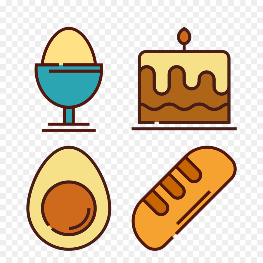 Lebensmittelsymbole: Ei, Kuchen, Avocado, Brot