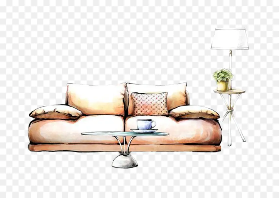 Illustriertes Sofa mit Tisch und Lampe