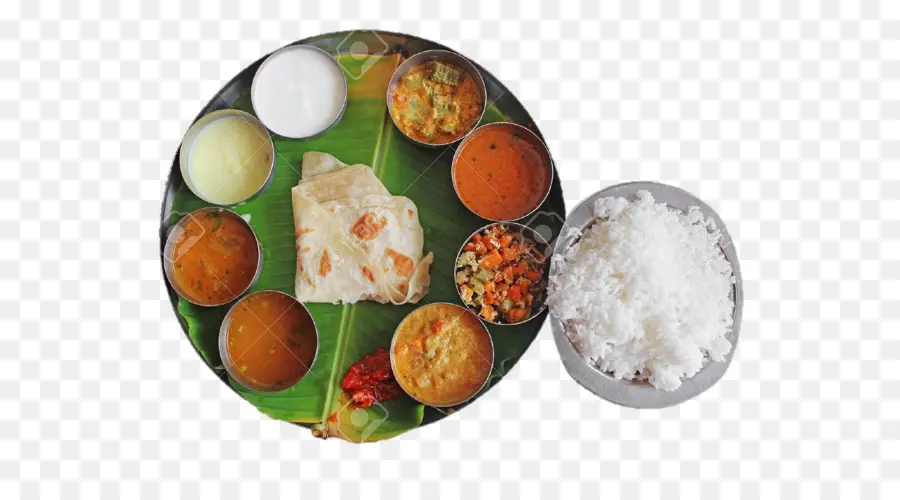 Thali indiano tradizionale con riso e curry