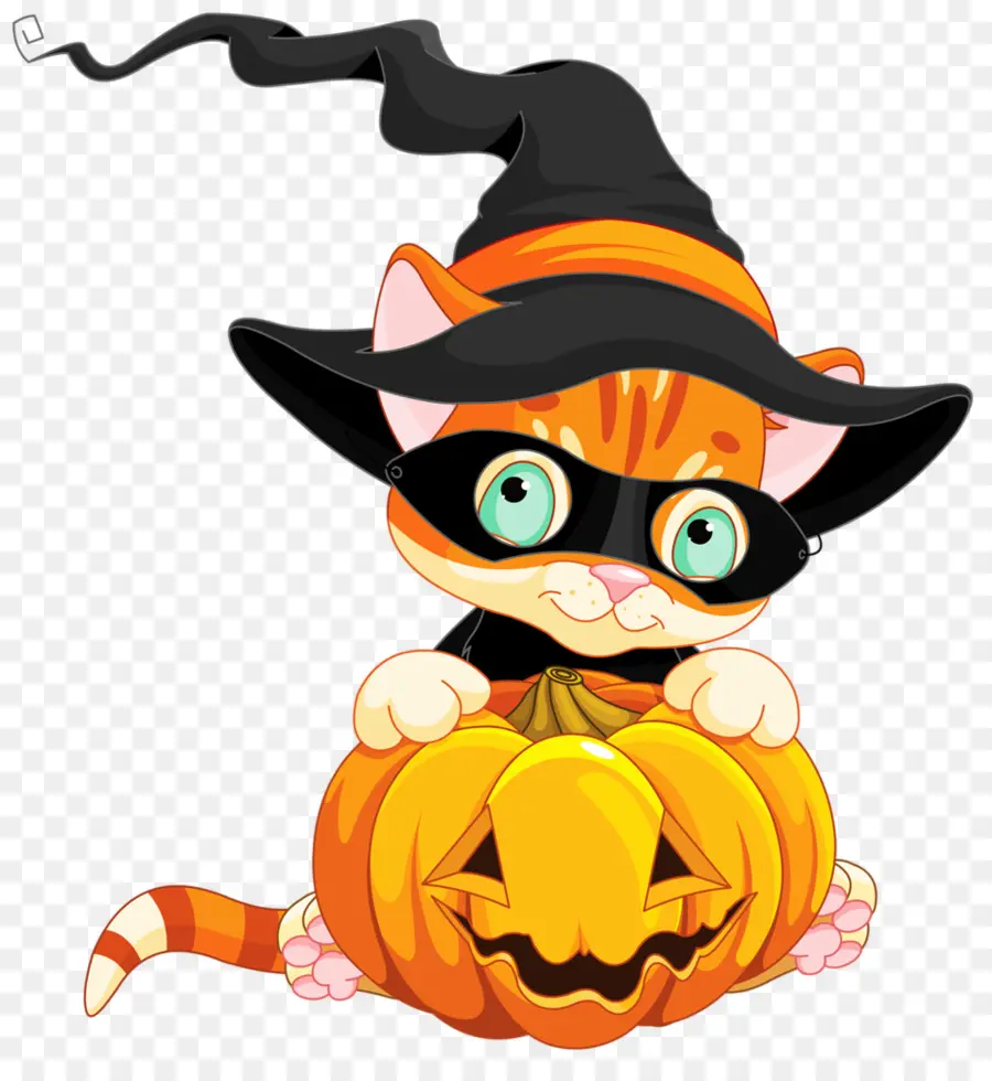 Simpatico gatto con cappello da strega con zucca per Halloween