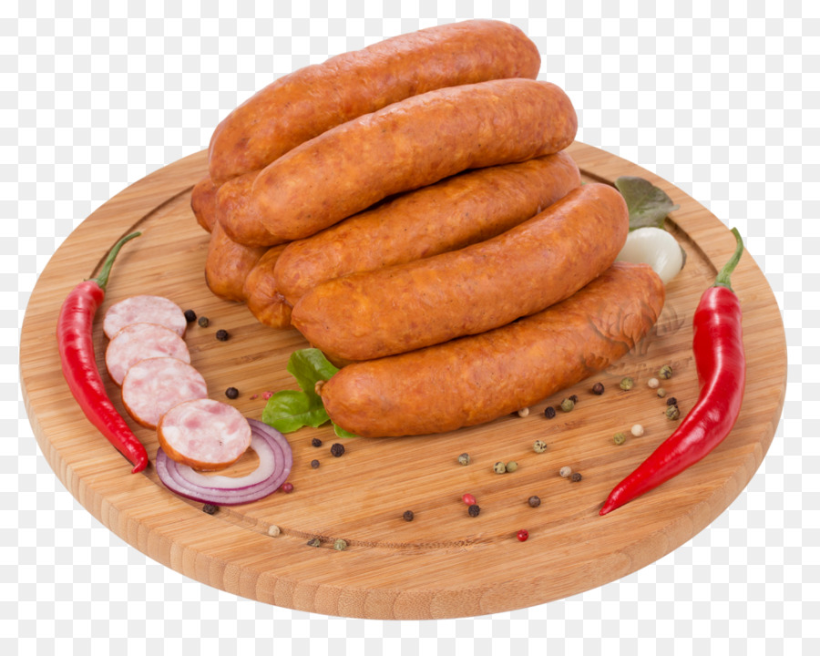 Sausages on Wooden Plate with Peppers