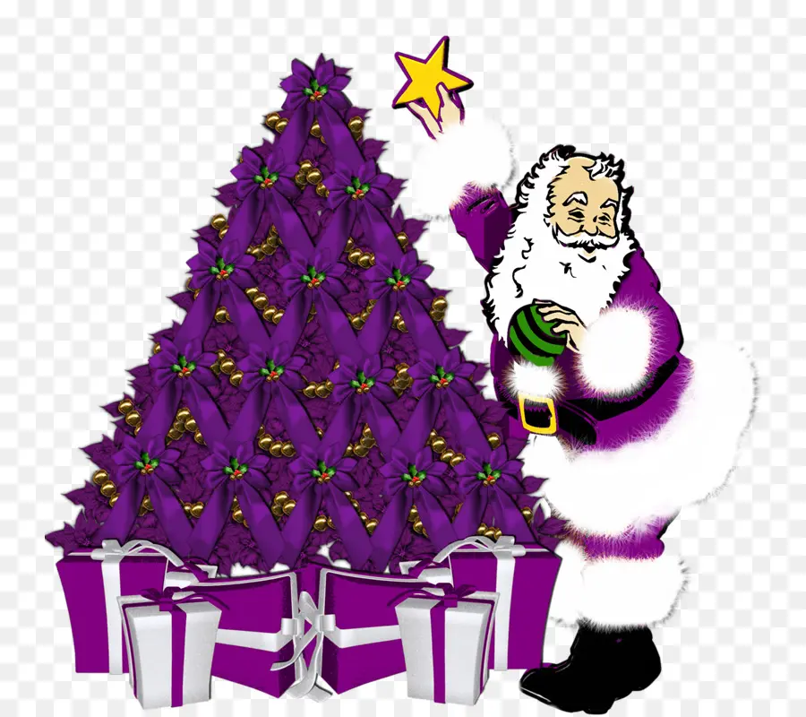 Babbo Natale viola che decora l'albero di Natale