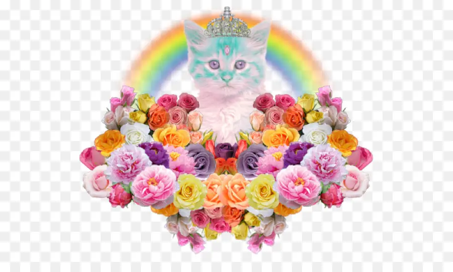 Gatto con fiori e arcobaleno