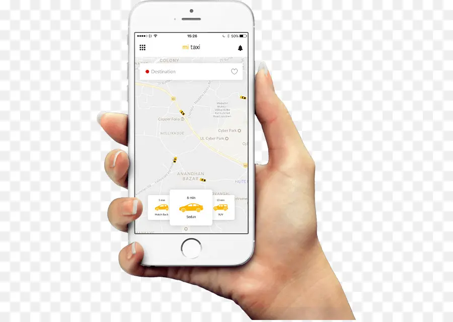 Smartphone con mano e app Taxi