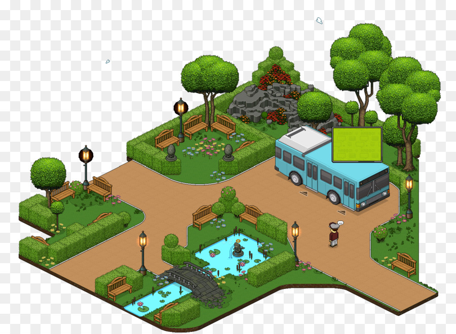 Illustrated Park Scene with Bus