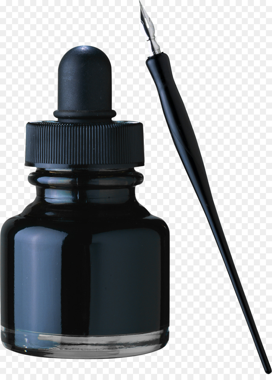 Schwarze Tintenflasche und Stift