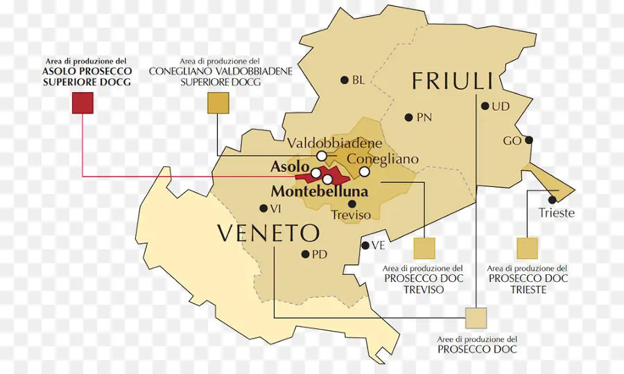 Mappa delle regioni di produzione del Prosecco