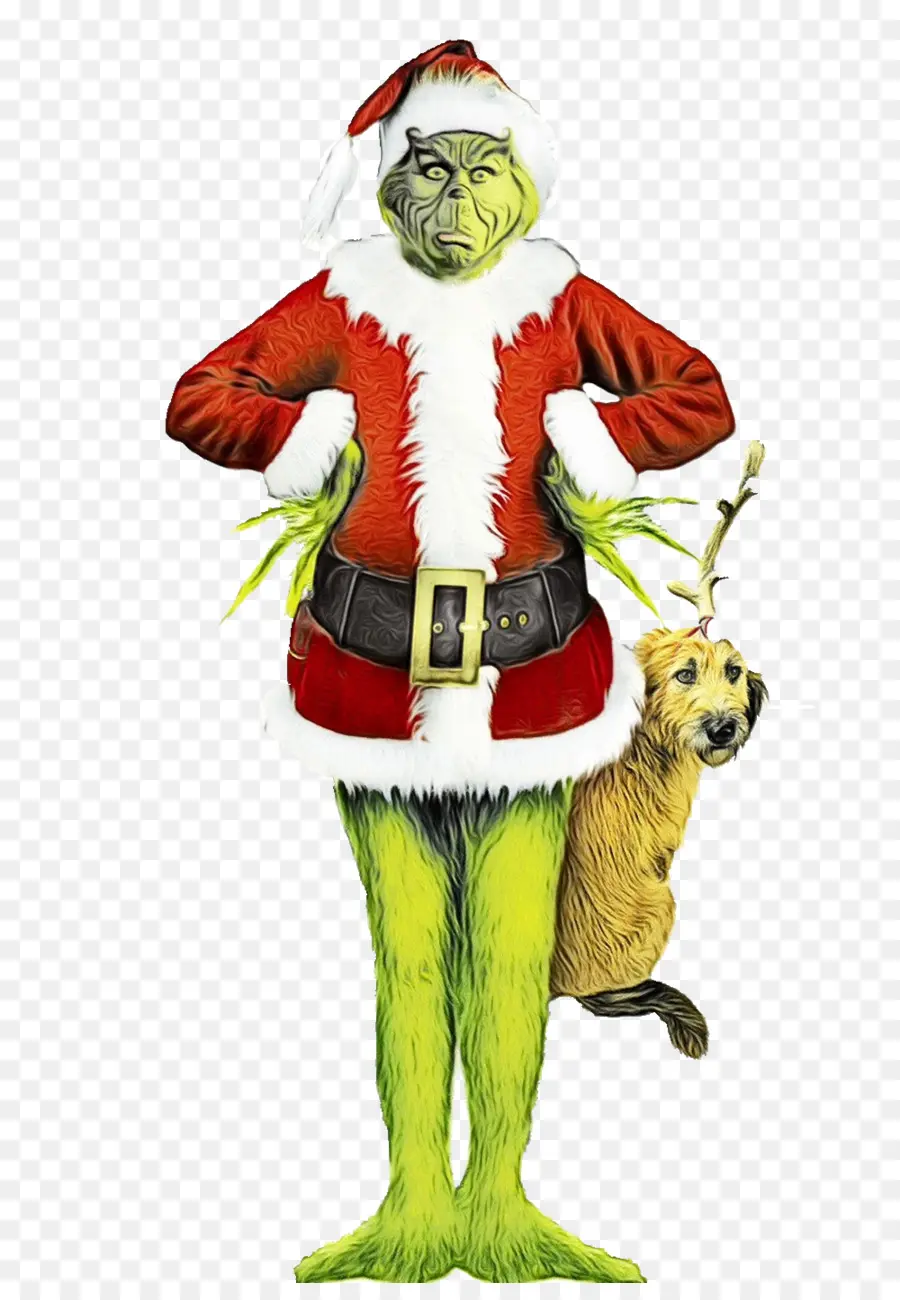 Grinch vestito da Babbo Natale con cane