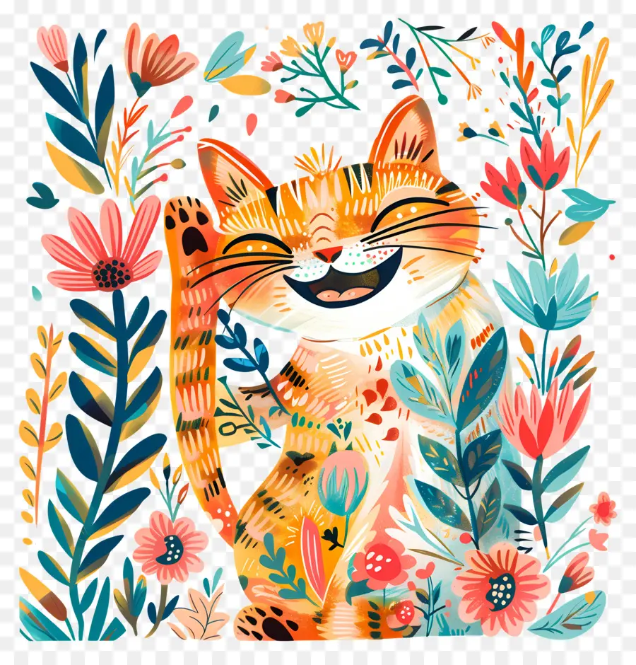 Gatto artistico colorato con fiori e farfalle