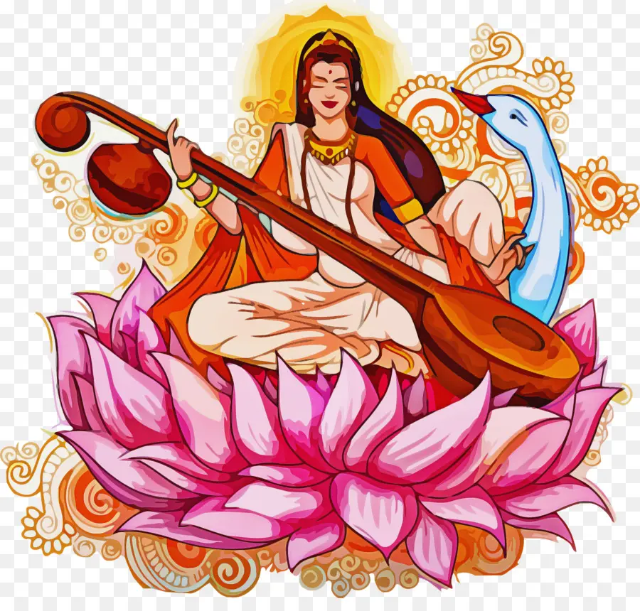 Nữ thần chơi Veena trên Lotus