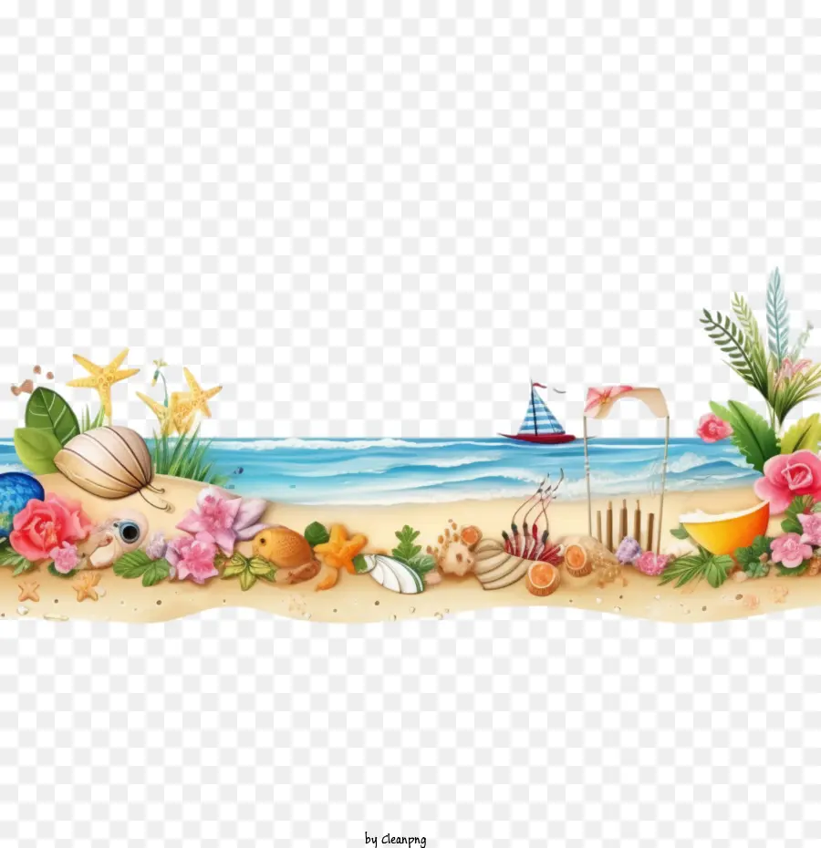 Scena di spiaggia con conchiglie e fiori