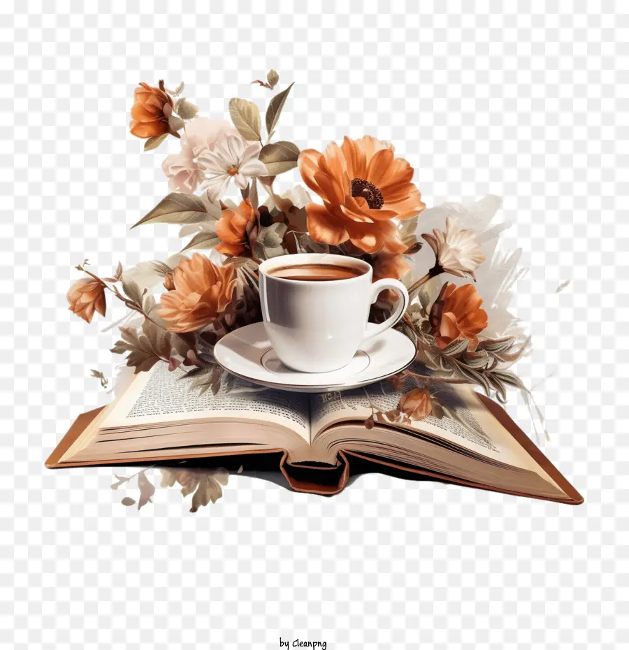 Buch mit Kaffee und Blumen