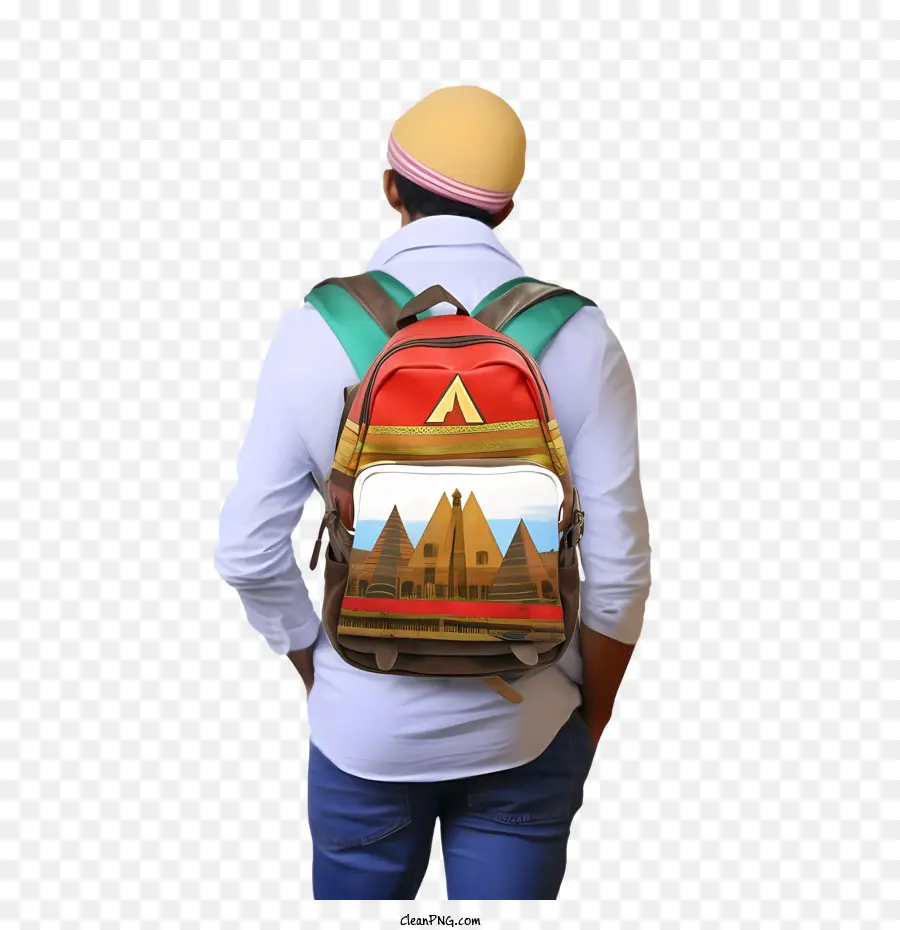 Person mit buntem Rucksack