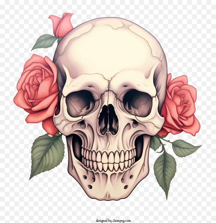 Totenkopf mit Rosen und Herzen