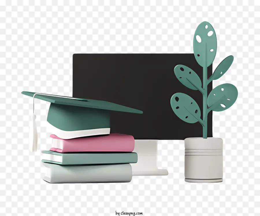 Cappello da laurea con libri e pianta