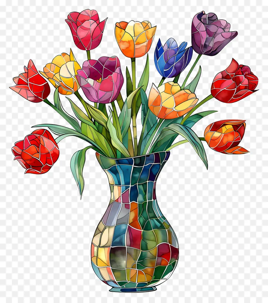 Tulipani colorati in un vaso di mosaico