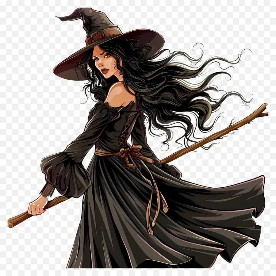 Witch with Flowing Hair and Broomstick