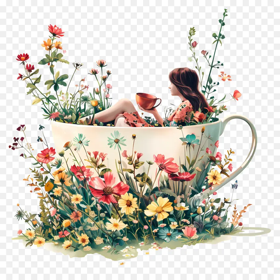 Kleines Mädchen in einer Tasse, umgeben von Blumen