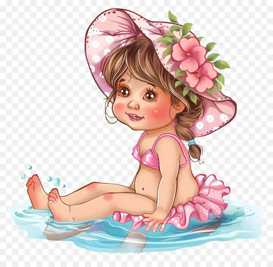 Cute Baby Girl in Pink Swimsuit and Hat