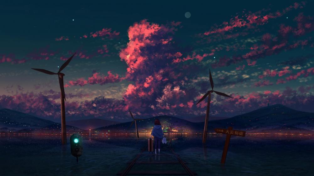 Lone Anime Girl Amidst Dusk Turbines wallpaper