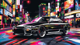 Neon Dreams in Motion: Nissan Skyline R34 in 4K Art wallpaper