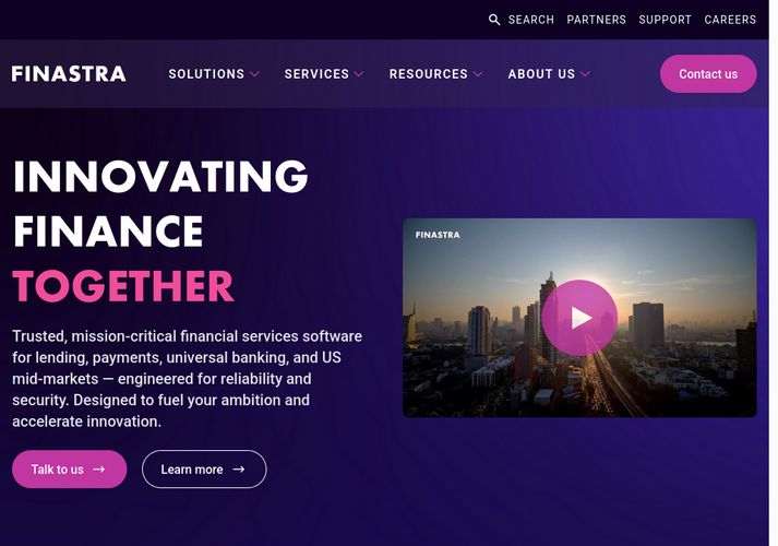The website screenshot for http://finastra.com