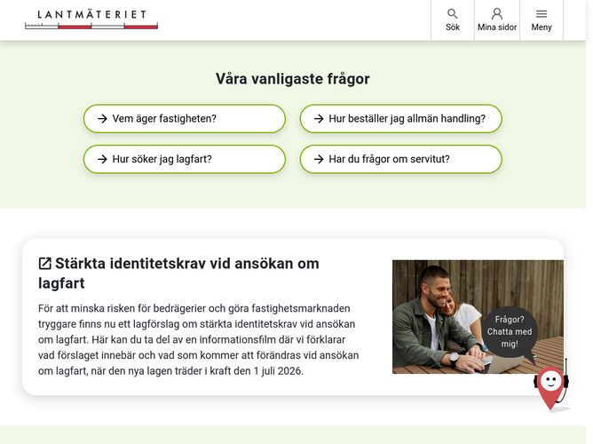 The website screenshot for https://lantmateriet.se